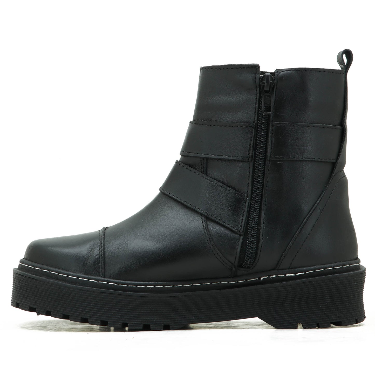 Coturno Feminino Cano Curto Em Couro Plataforma Alta Motoqueira