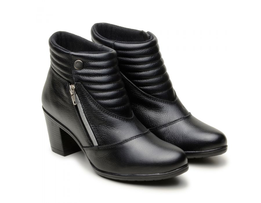 Botinha Feminina Cano Baixo Em Couro Legítimo Preta Ziper