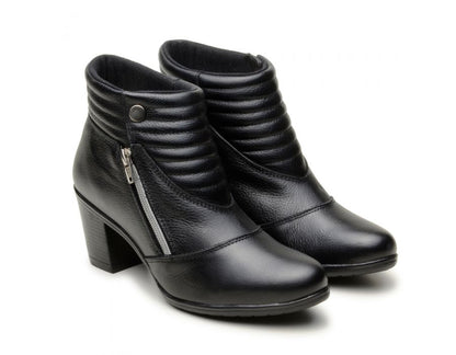 Botinha Feminina Cano Baixo Em Couro Legítimo Preta Ziper