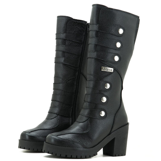 Bota Cano Alto Salto Tratorado Motociclista Feminina Couro Legitimo