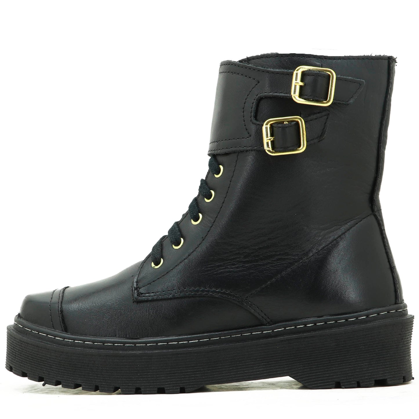 Coturno Feminino Cano Curto Em Couro Plataforma Alta Roqueira