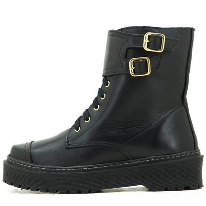 Coturno Feminino Cano Curto Em Couro Plataforma Alta Roqueira