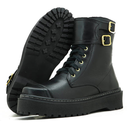 Coturno Feminino Cano Curto Em Couro Plataforma Alta Roqueira