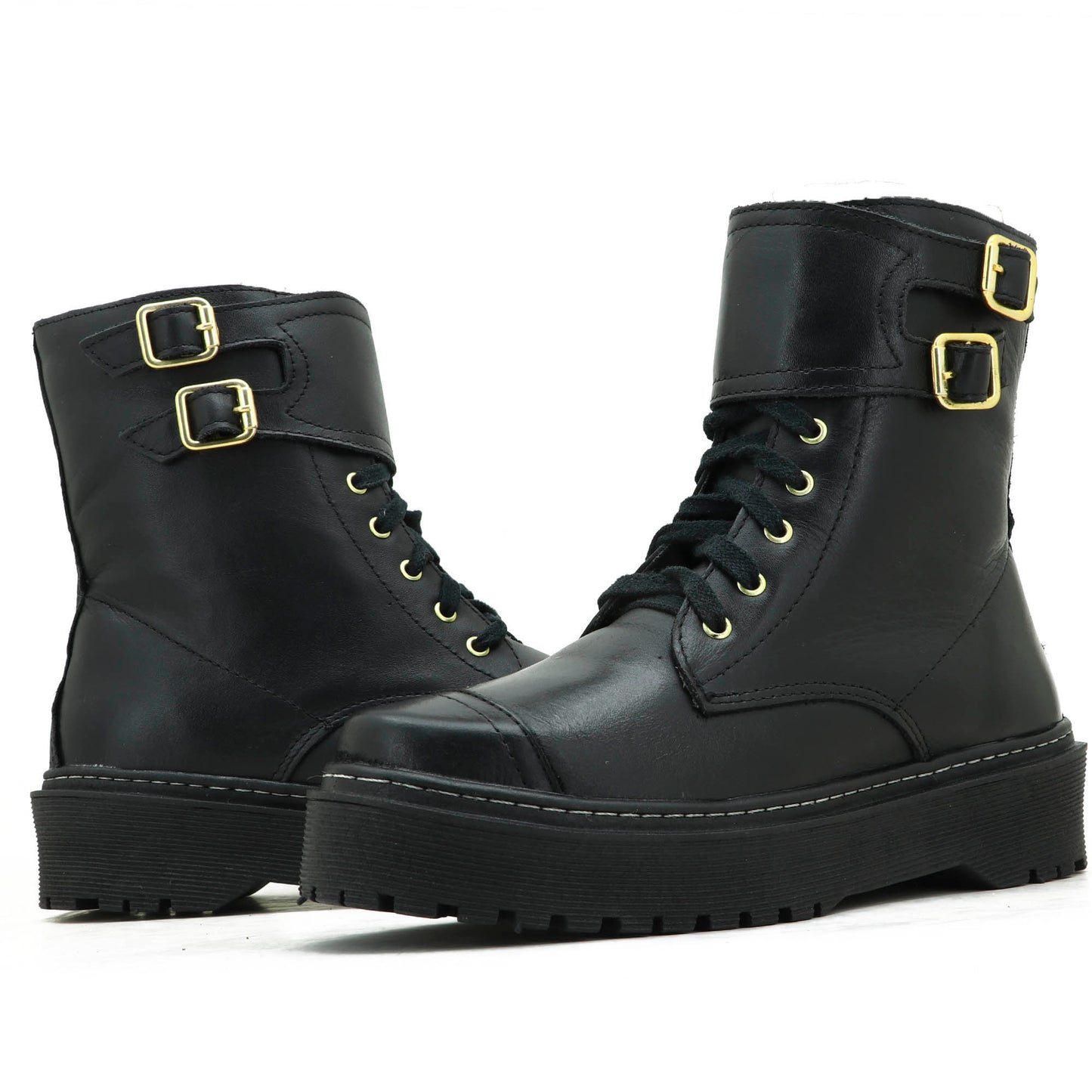 Coturno Feminino Cano Curto Em Couro Plataforma Alta Roqueira