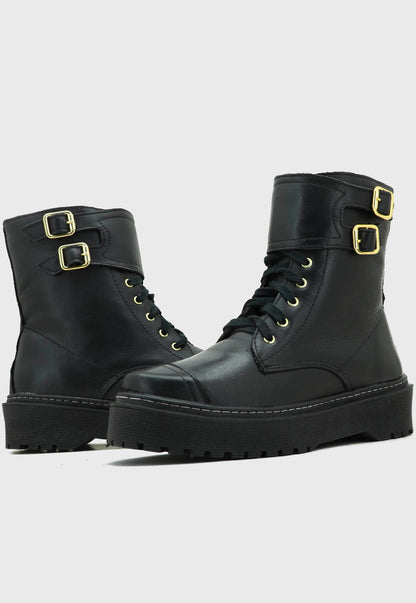 Coturno Feminino Cano Curto Em Couro Plataforma Alta Roqueira