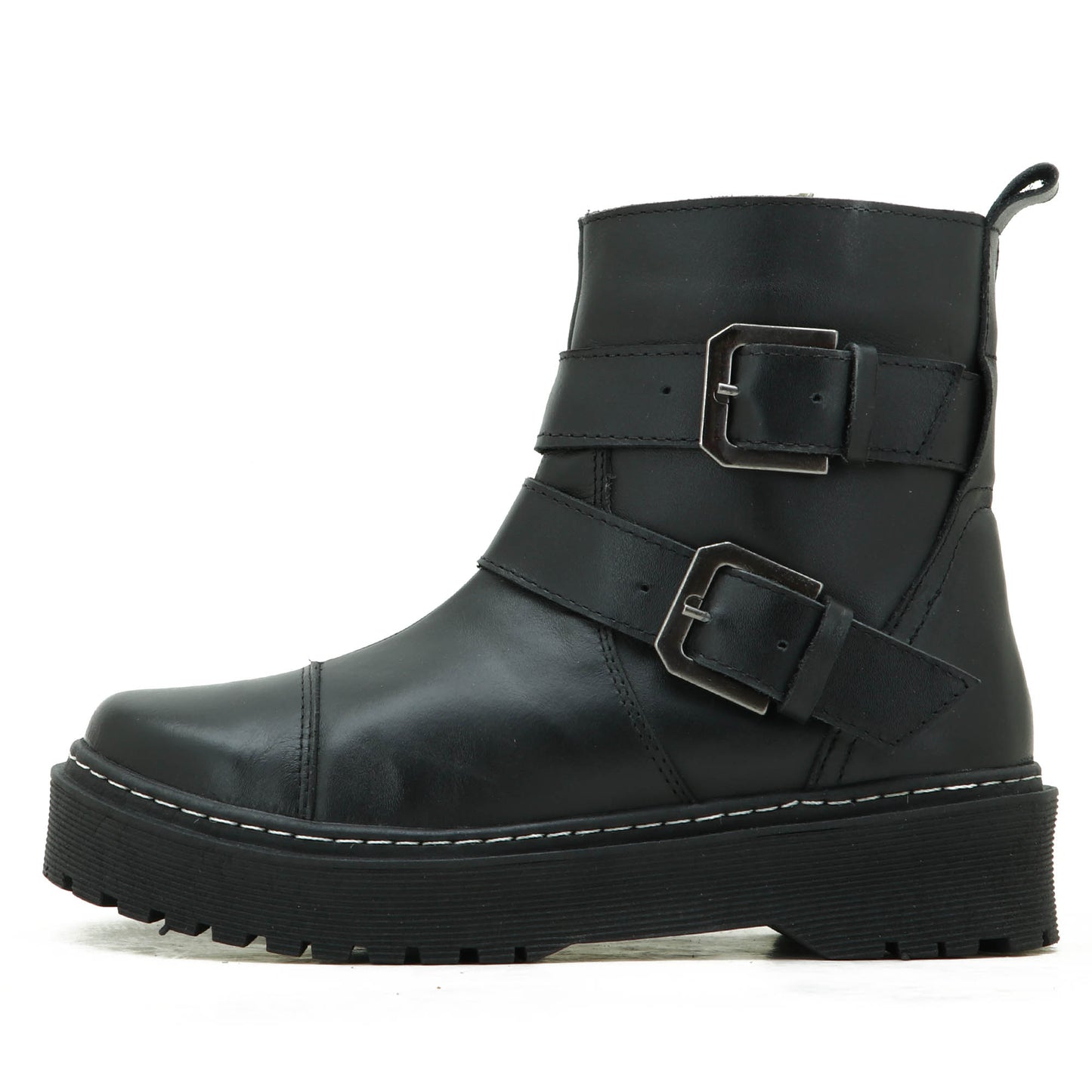 Coturno Feminino Cano Curto Em Couro Plataforma Alta Motoqueira