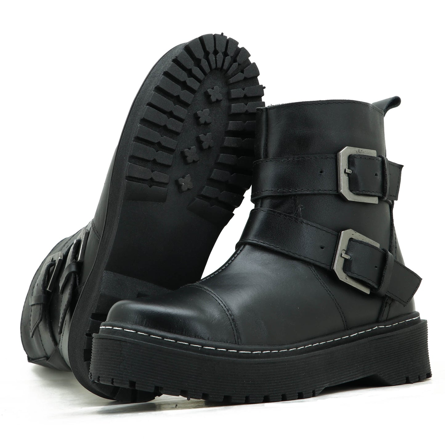 Coturno Feminino Cano Curto Em Couro Plataforma Alta Motoqueira