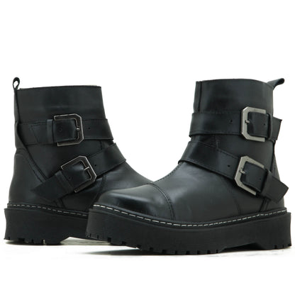 Coturno Feminino Cano Curto Em Couro Plataforma Alta Motoqueira