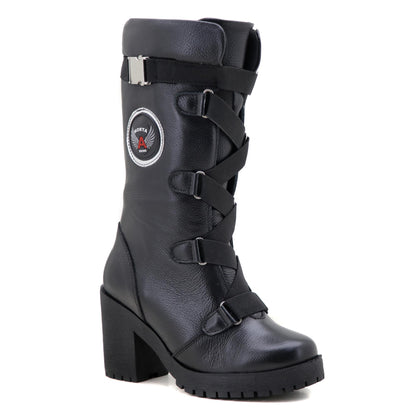 Bota Feminina Roqueira Motoqueira Couro Forro Cano Alto