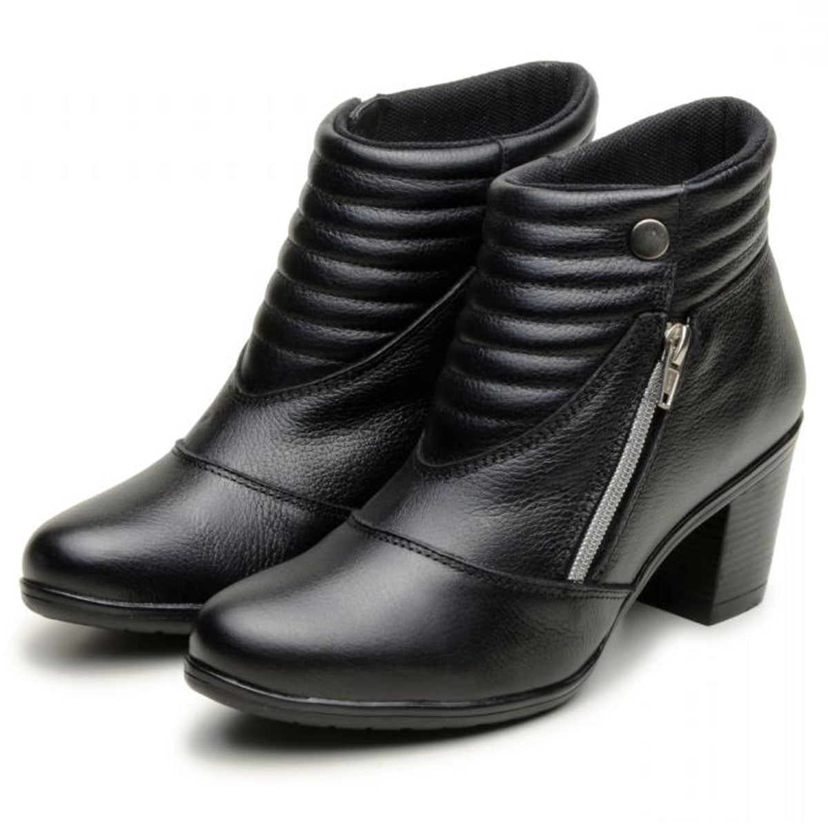 Botinha Feminina Cano Baixo Em Couro Legítimo Preta Ziper