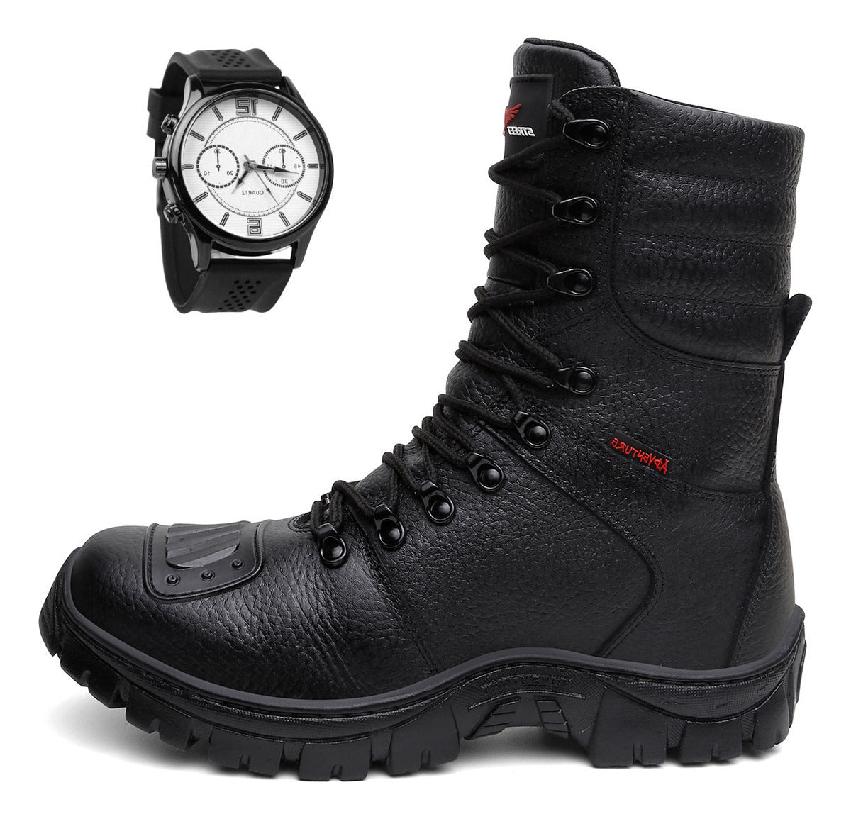 Bota Coturno Militar Couro Solado Antiderrapante + Relógio
