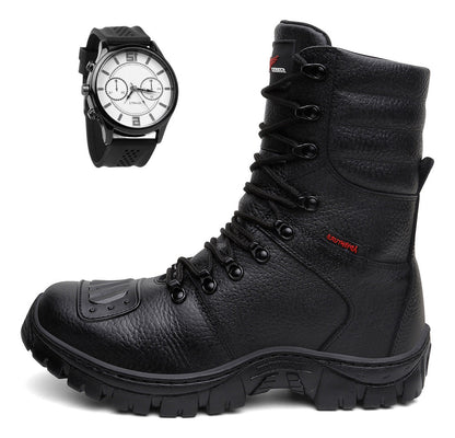 Bota Coturno Militar Couro Solado Antiderrapante + Relógio