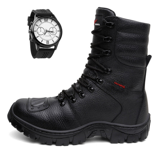Bota Coturno Militar Couro Solado Antiderrapante + Relógio