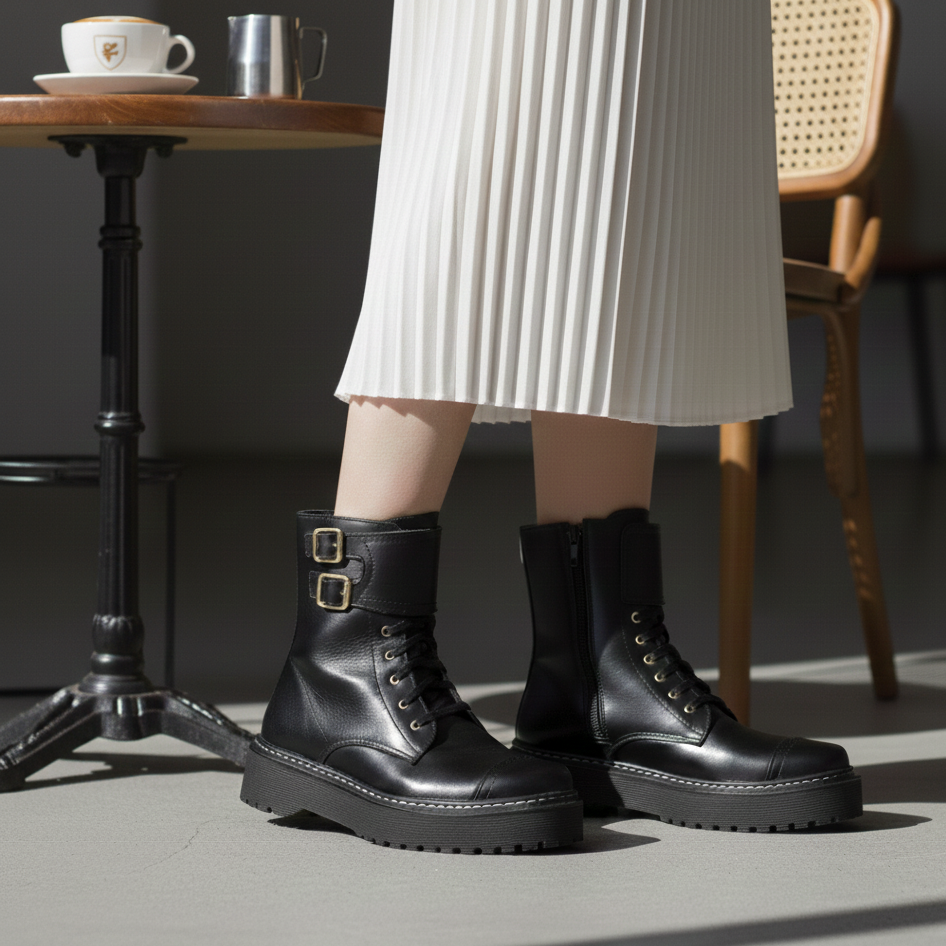 Coturno Feminino Cano Curto Em Couro Plataforma Alta Roqueira