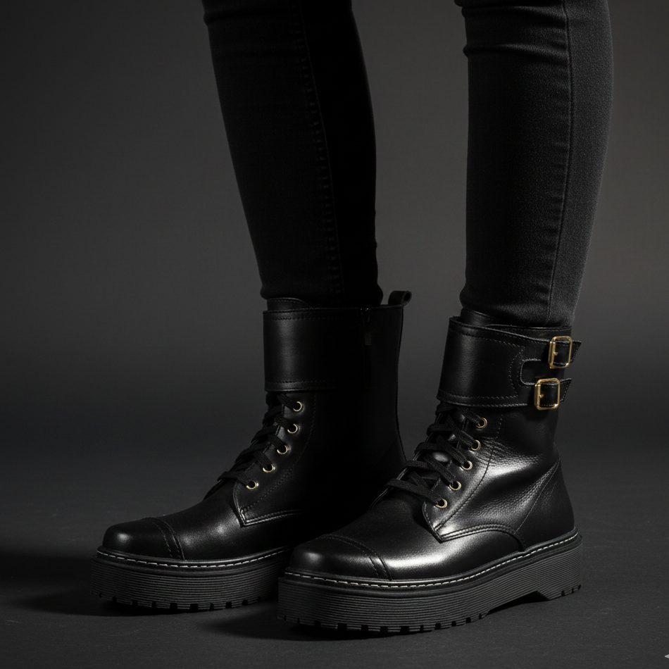 Coturno Feminino Cano Curto Em Couro Plataforma Alta Roqueira