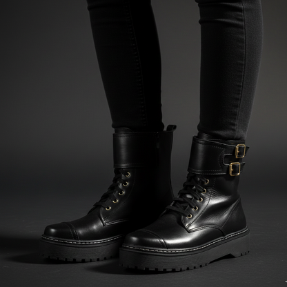 Coturno Feminino Cano Curto Em Couro Plataforma Alta Roqueira