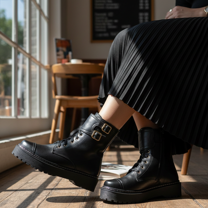 Coturno Feminino Cano Curto Em Couro Plataforma Alta Roqueira