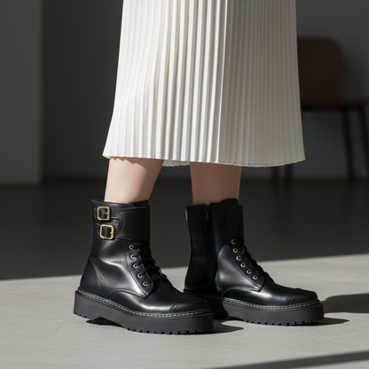 Coturno Feminino Cano Curto Em Couro Plataforma Alta Roqueira