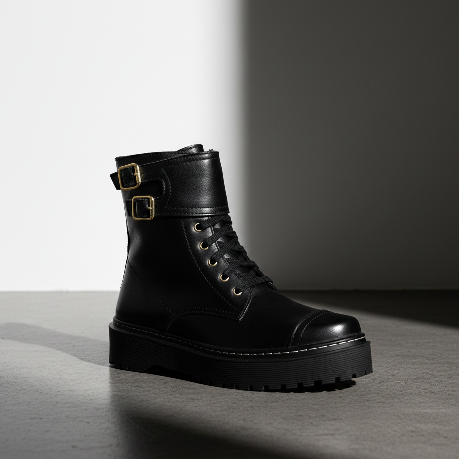 Coturno Feminino Cano Curto Em Couro Plataforma Alta Roqueira