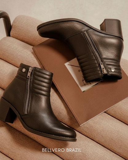 Botinha Feminina Cano Baixo Em Couro Legítimo Preta Ziper